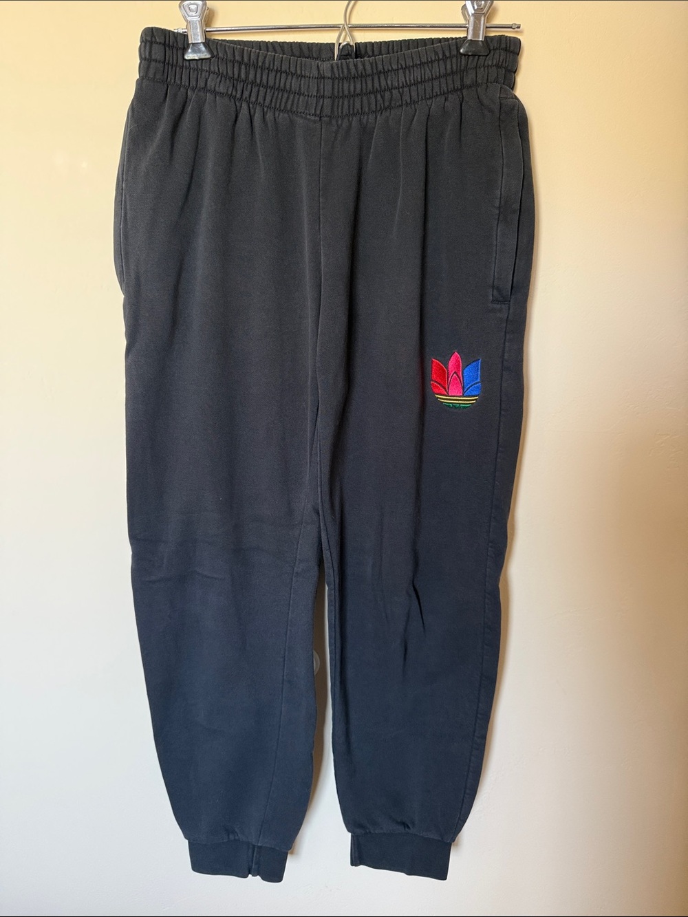 adidas Black Sweatpants with Multicolor Trefoil Logo